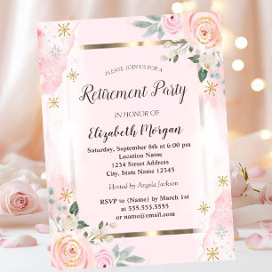 Flowers Gold Frame Pink Roses Retirement Invitation