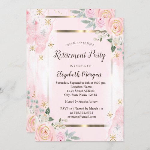  Flowers Gold Frame Pink Roses Retirement   Invitation