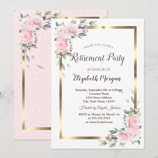  Flowers Gold Frame Retirement Party Invitation (Front/Back)