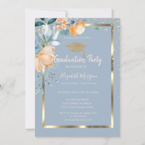 Flowers Gold Grad Cap Dusty Blue Graduation Invitation