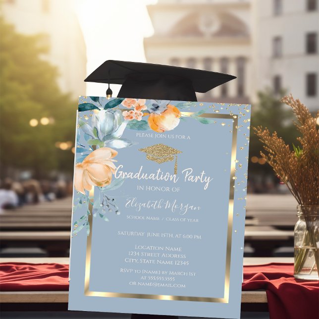 Flowers Gold Grad Cap Dusty Blue Graduation Invitation (Creator Uploaded)