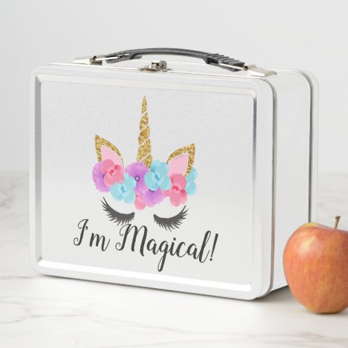 Flowers Gold Magical Unicorn Girls Metal Lunch Box