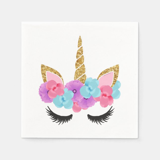 Flowers Gold Magical Unicorn Girls Paper Napkins (Front)