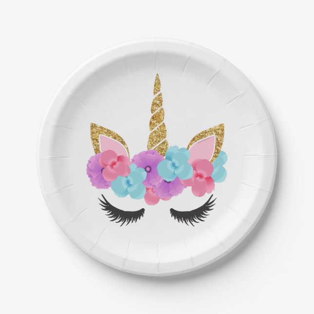 Flowers Gold Magical Unicorn Girls Paper Plates (Front)