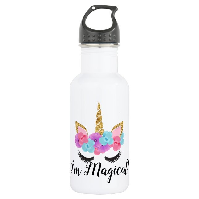Flowers Gold Magical Unicorn Girls Stainless Steel Water Bottle (Front)