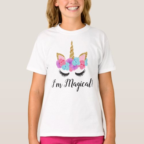 Flowers Gold Magical Unicorn Girls T_Shirt