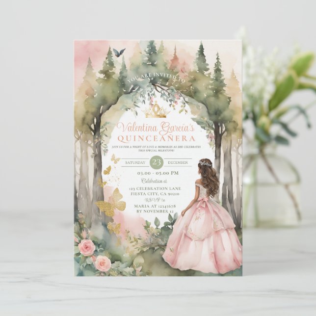 Flowers Gold Pink Peach Quinceañera 15 Anos  Invitation (Standing Front)