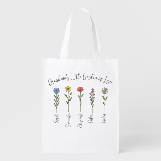 Flowers & Grandchildren's Names - Grandma's Garden Grocery Bag (Front)