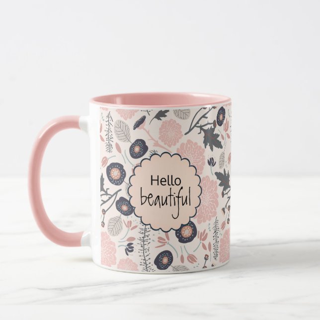 Flowers Gray Pink Black Hello Beautiful Mug (Left)