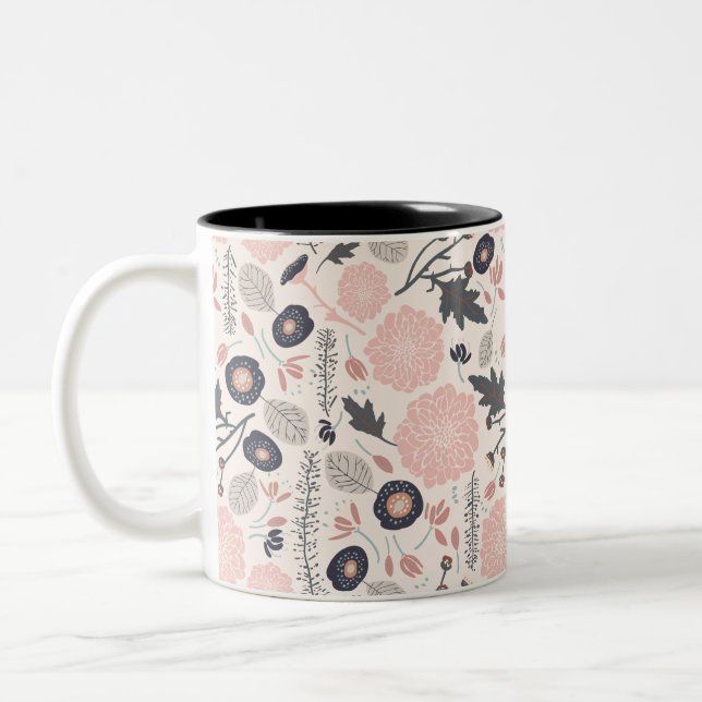 Flowers Gray Pink Black Playful Tossed  Two-Tone Coffee Mug (Left)