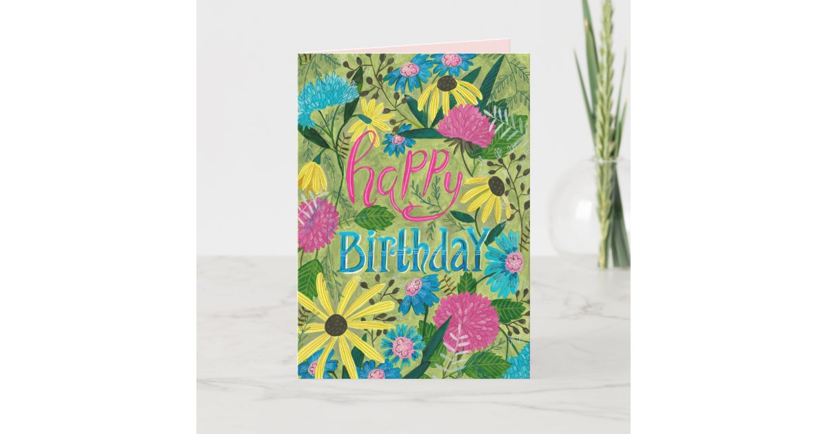 Flowers green and pink floral happy birthday card | Zazzle