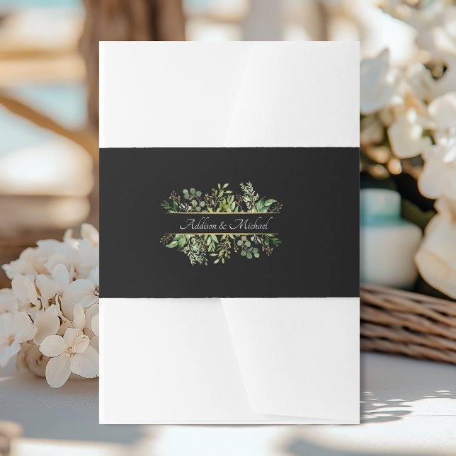 Flowers Green Gold Invitation Belly Band (Flowers Green Gold Invitation Belly Band with your names)