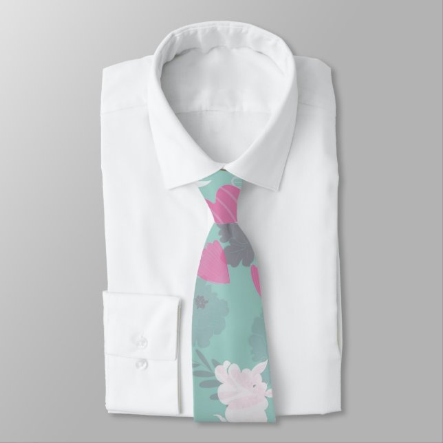 flowers green neck tie (Tied)
