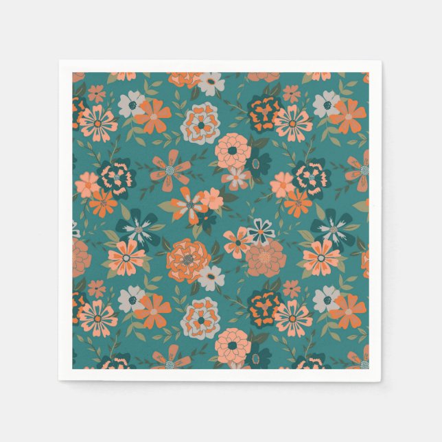 Flowers Green Orange Botanical Pattern Napkins (Front)