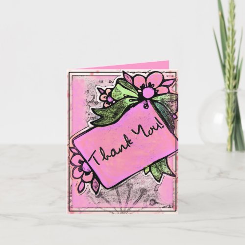 Flowers  Green Ribbon on Grunge Pink Thank You Thank You Card