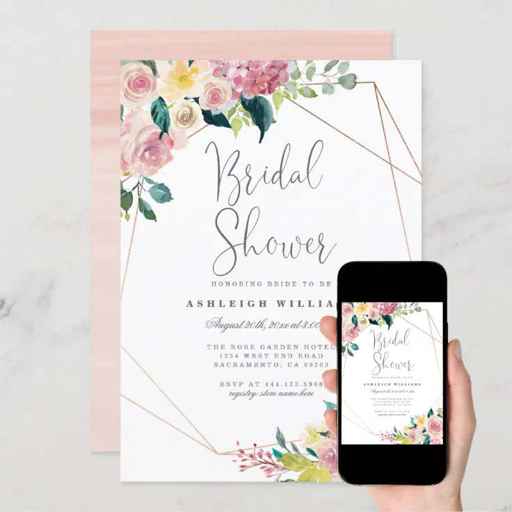 Flowers And Greenery Gold Geometric Bridal Shower Invitation Zazzle 1899