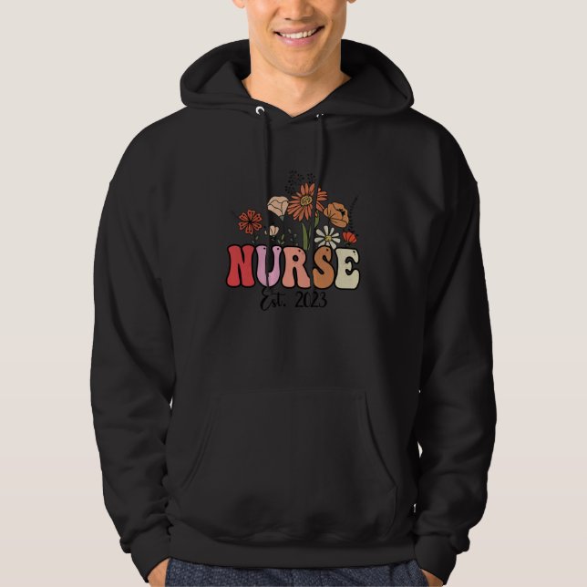 Flowers Groovy Retro Nurse Est2023 Nursing School  Hoodie (Front)