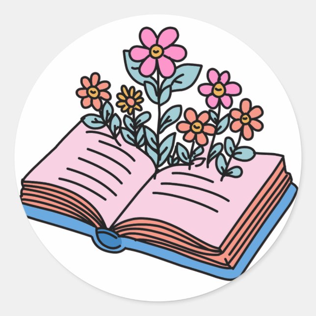 flowers growing from book classic round sticker (Front)