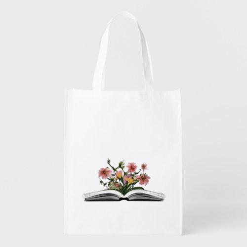 Flowers growing from book grocery bag