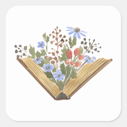 Flowers Growing From Book  Square Sticker