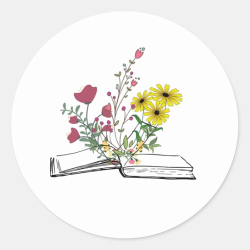 Flowers growing from books  classic round sticker