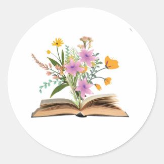 Flowers growing from books classic round sticker