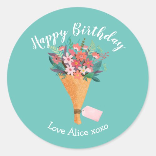flowers happy birthday bouquet gift wrapping classic round sticker