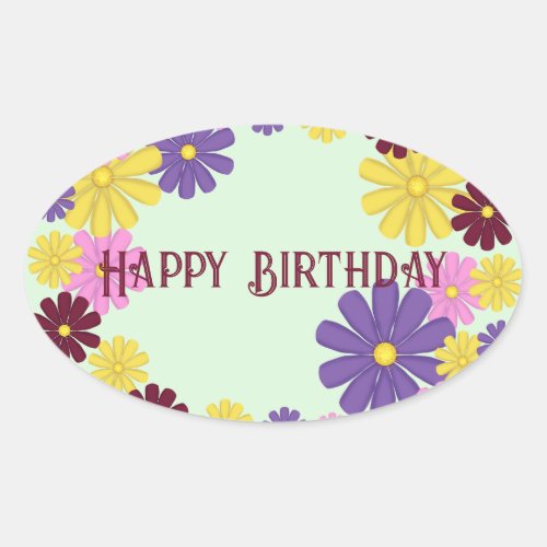 Flowers Happy Birthday  Oval Sticker