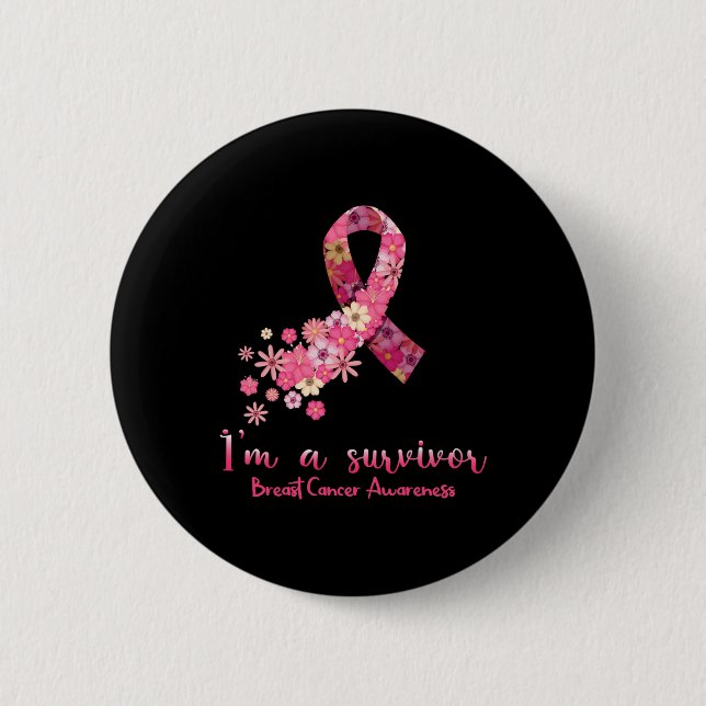 Flowers Heart I'm A Survivor Breast Cancer Awarene Button (Front)