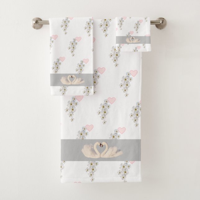 Flowers, Heart & Swan Couple on Black & Light Gray Bath Towel Set (Insitu)