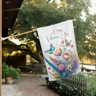 Flowers, hearts and butterflies house flag