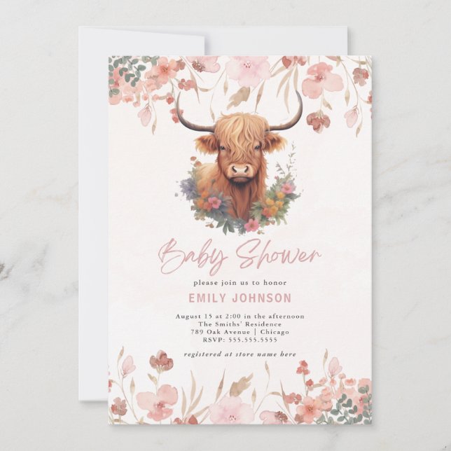 Flowers Highland Cow Baby Shower Invitation (Front)