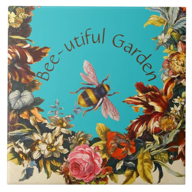 FLOWERS ,HONEY BEE IN BLUE SKY FLORAL BEEKEEPING CERAMIC TILE (Front)