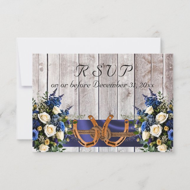 Flowers & Horseshoes, Blue Ribbon RSVP Card (Front)
