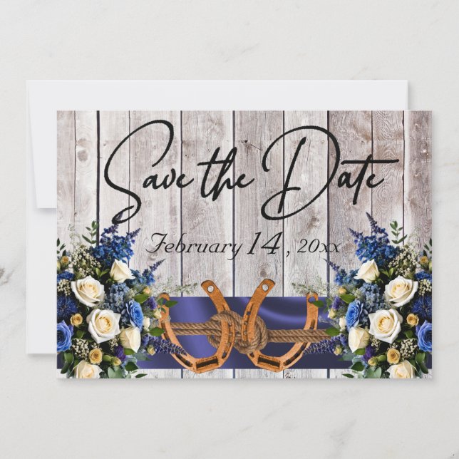 Flowers & Horseshoes, Blue Ribbon Wedding Save The Date (Front)