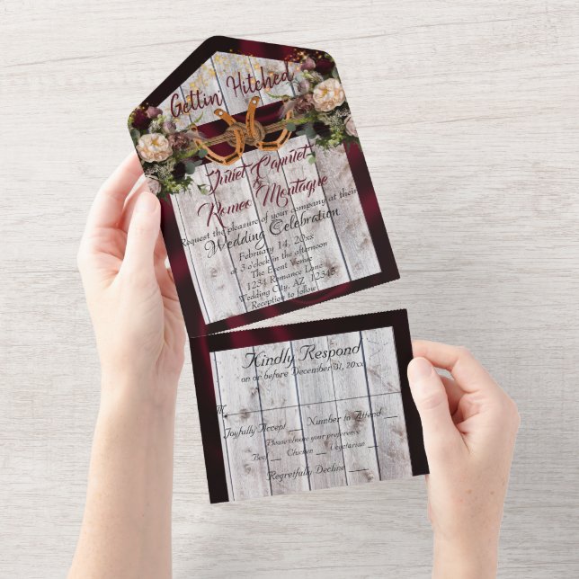 Flowers & Horseshoes, Burgundy Ribbon All In One Invitation (Tearaway)
