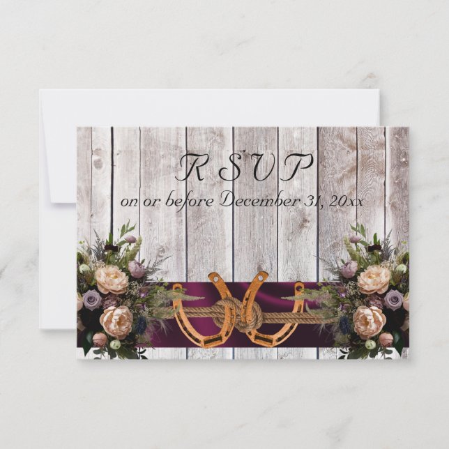 Flowers & Horseshoes, Purple Ribbon Wedding RSVP Card (Front)