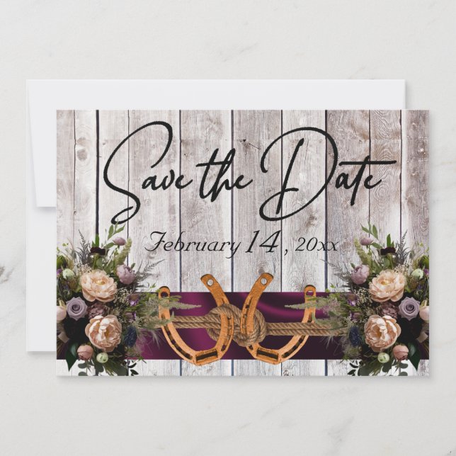 Flowers & Horseshoes, Purple Ribbon Wedding Save The Date (Front)