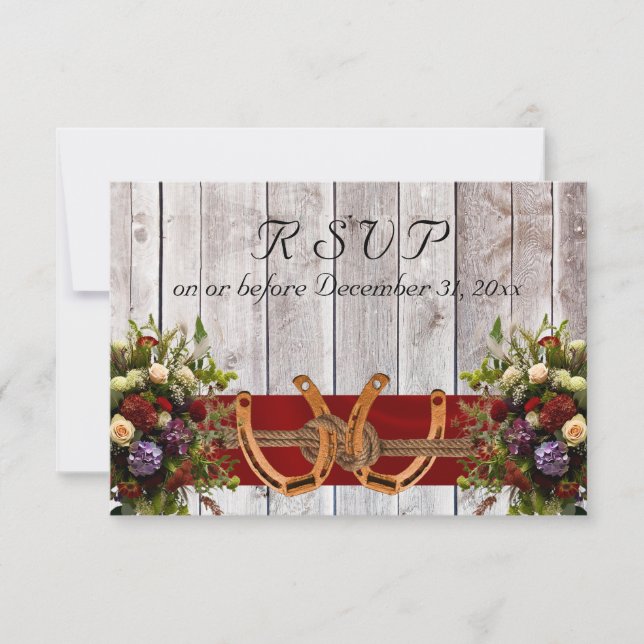Flowers & Horseshoes, Red Ribbon RSVP Card (Front)