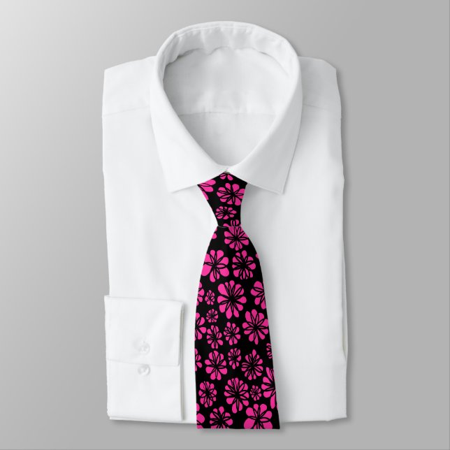 Flowers - Hot Pink on Black Neck Tie (Tied)