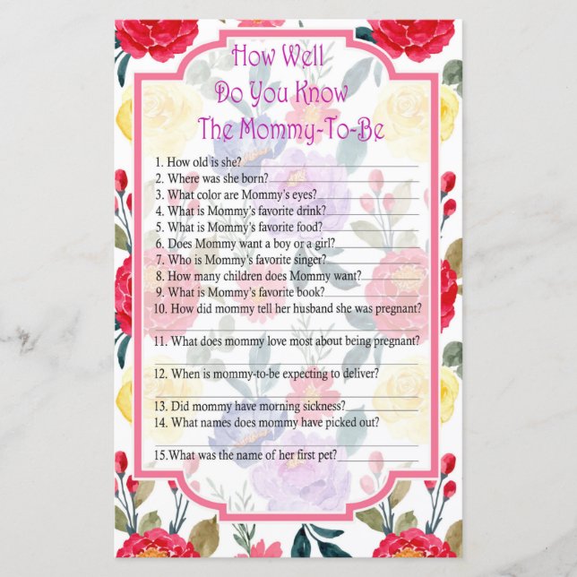 Flowers How well do you know baby shower game (Front)