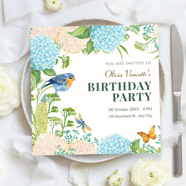 Flowers Hydrangea Bird Butterfly birthday Invitation (Creator Uploaded)