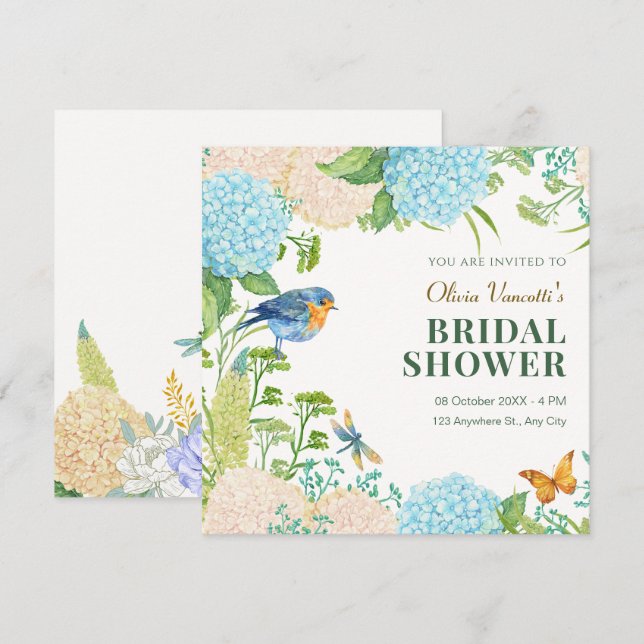 Flowers Hydrangea Bird Butterfly bridal shower Invitation (Front/Back)