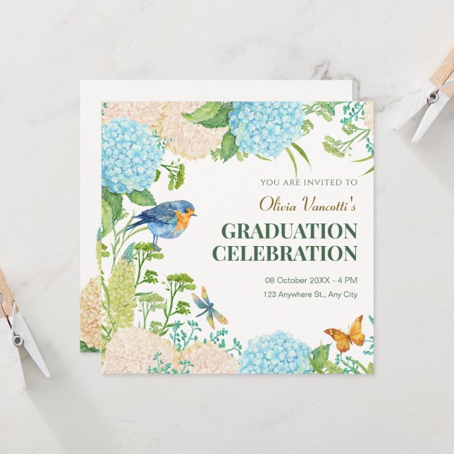 Flowers Hydrangea Bird Butterfly graduation Invitation (Front/Back In Situ)