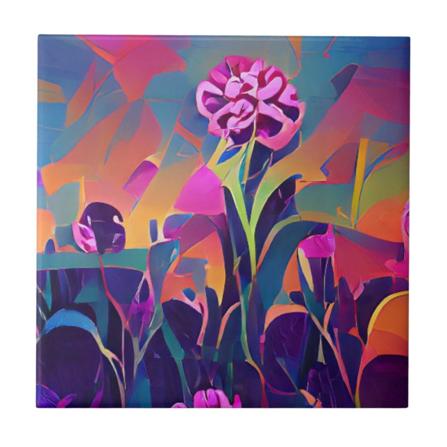 Flowers in a field bright abstract digital art  ceramic tile (Front)