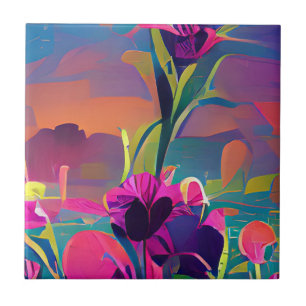 Flowers in a field colorful abstract digital art ceramic tile