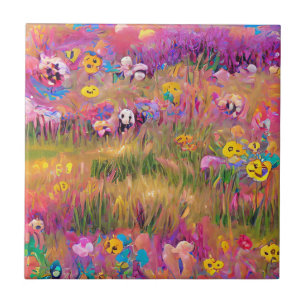 Flowers in a field psychedelic digital art ceramic tile