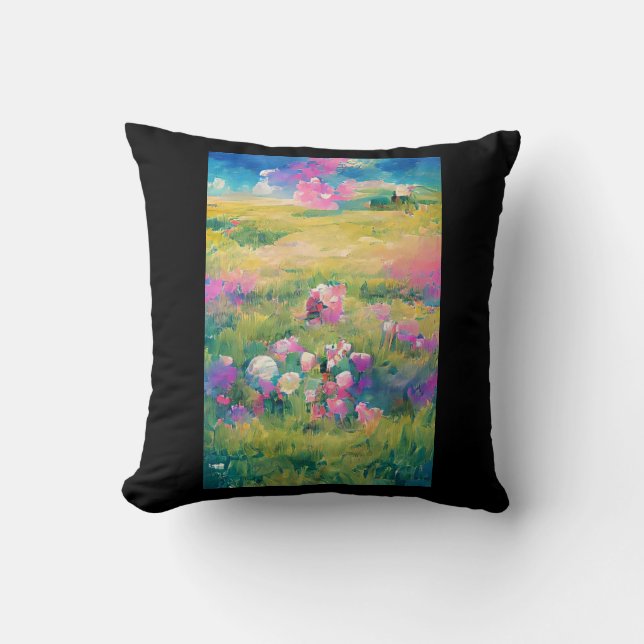 Flowers in a field purple pink white digital art  throw pillow (Front)
