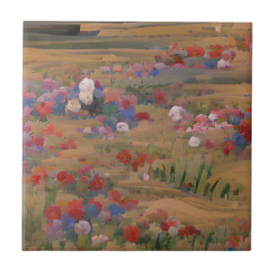 Flowers in a field red white and blue digital art ceramic tile
