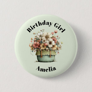 Flowers in a Pot Cozy Shabby Cute Birthday Girl  Button